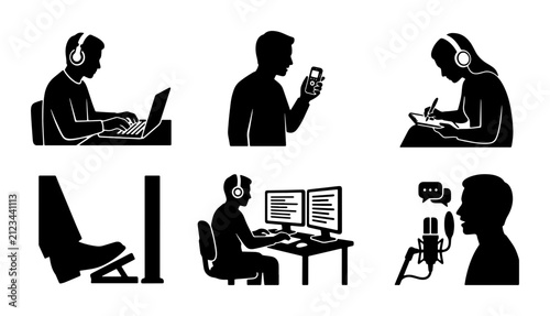 Audio transcription service icons set, professional transcriber silhouettes with headphones and foot pedal, digital dictation and voice recording vector