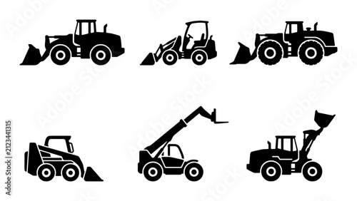 Heavy construction machinery silhouettes, set of 6 industrial loader and excavator icons, black vector earthmoving equipment for building site projects
