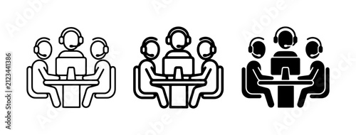 Foto Customer service call center icons, support team with headsets at desk vector se