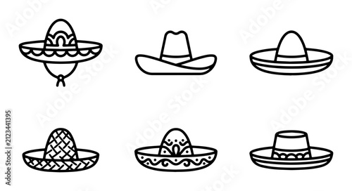 Mexican sombrero and cowboy hat icon set, traditional latin american headwear line art, 6 vector elements for fiesta and western design