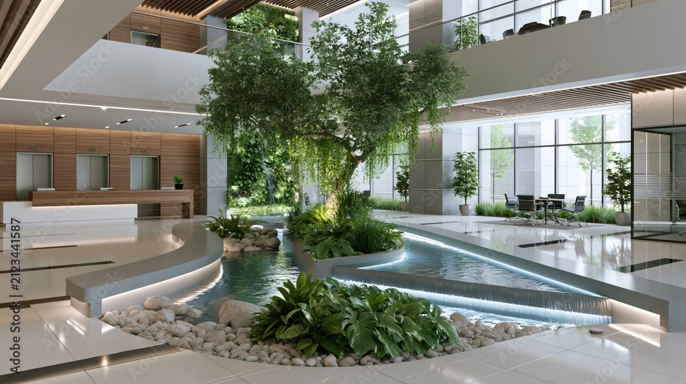 Fototapeta premium Modern lobby with indoor water feature and lush greenery bathed in natural light