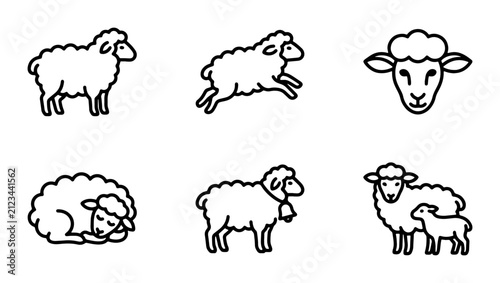 Minimalist sheep line icon set, 6 farm animal vector illustrations, cute lamb and ewe outline graphics for agriculture and textile branding
