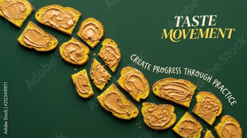 Delicious golden toasted bread slices with creamy peanut butter spread arranged diagonally across a dark green background with artistic typography perfect for food advertising or healthy snacks views.