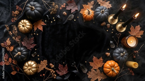 Halloween pumpkins with autumn leaves and candles. Festive fall flat lay with copy space.
