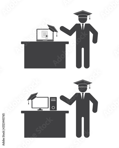 student with computer in school cap