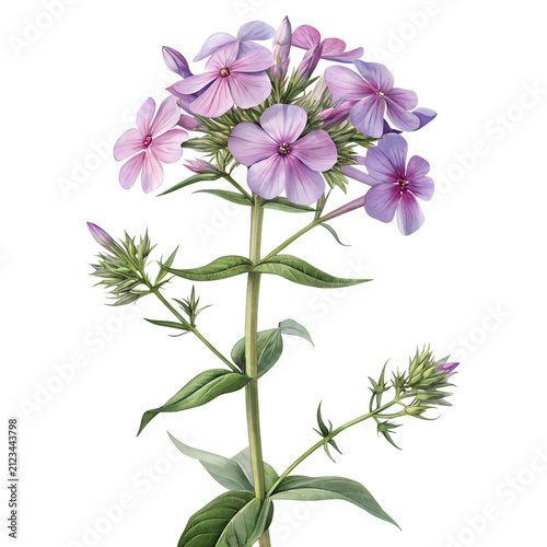 Beautiful light purple garden phlox flower blooming on a green stem isolated on transparent background