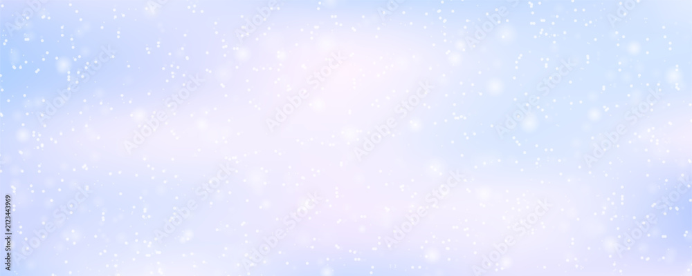 Fototapeta premium Snowy winter texture with frozen ice patterns and frost details. White snowflakes drift across blue background creating festive Christmas scene with elegant cold weather borders.