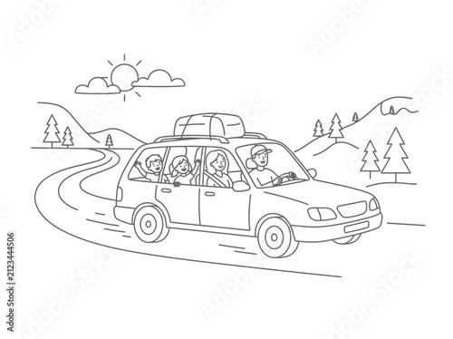 Family driving on winding road through scenic countryside during sunny day