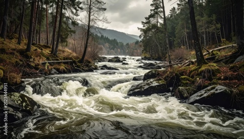Forest river rapids rushing over stones.