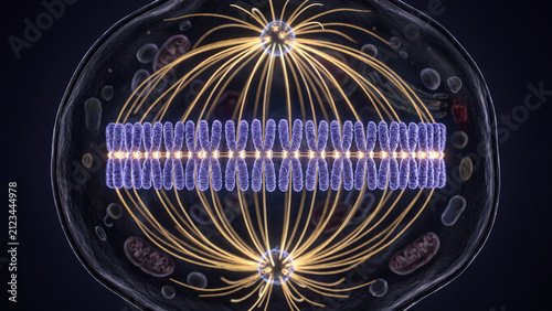3D medical illustration of metaphase (mitosis) showing chromosomes aligned along the equatorial metaphase plate