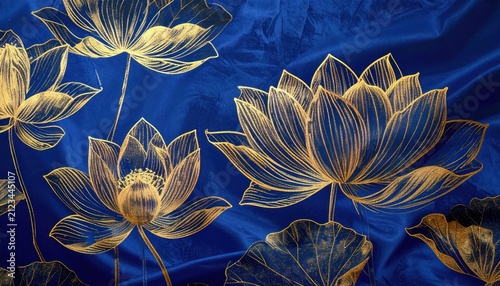 Golden lotus flower patterns on dark blue silk fabric.