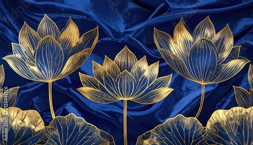Golden lotus flowers on dark blue silk fabric background.