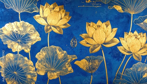 Golden lotus flowers on navy blue textured background