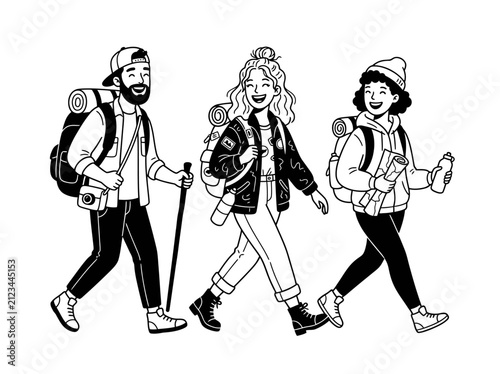 Group of hikers with backpacks walking outdoors in daylight