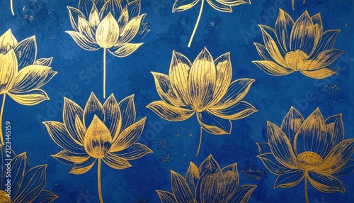 Golden lotus patterns on blue background.