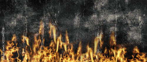 Burning fire flames over scratched textured background. 3D illustration