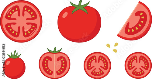 Bild auf Leinwand Vector illustration set of fresh red tomatoes featuring a whole vegetable half cut cross section round slices a wedge and small seeds isolated on white background