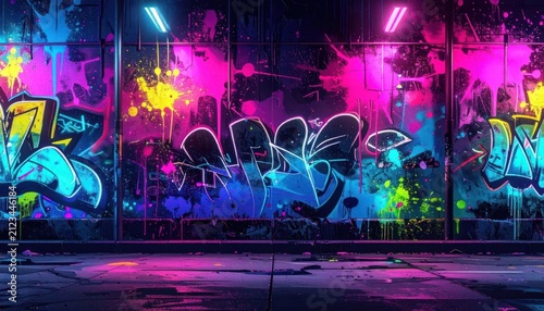 Urban graffiti wall with neon glowing lights