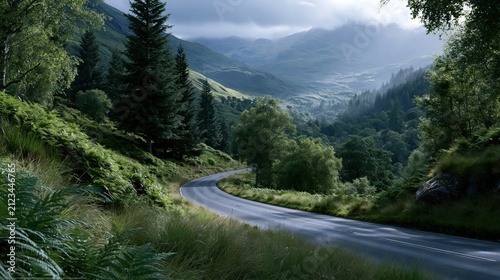 Winding country road through lush green Scottish Highlands valley under dramatic moody sky with sunbeams