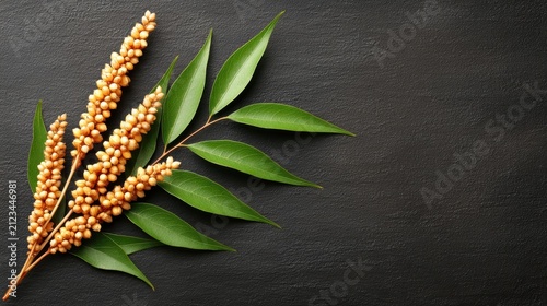 Natural green leaves and grain stalks arrangement on black slate surface for organic background design and decorative texture