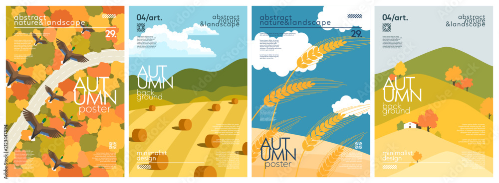Fototapeta premium Set of nature landscape autumn backgrounds with trees and flying mallard, field with bales of hay, ears of wheat, hills and house. Simple fall design for cover, poster, banner, flyer, print, wallpaper