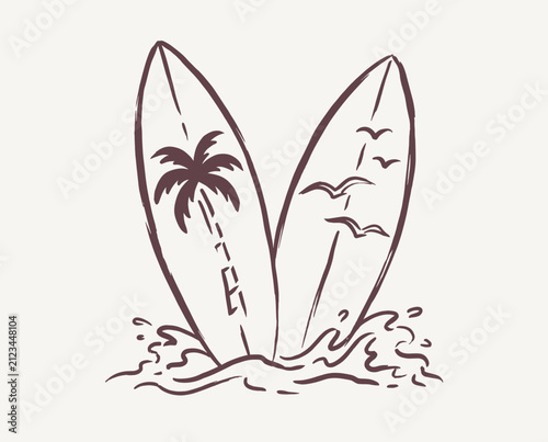 Photography surfboard vintage illustration, palm tree beach surfing graphic, surf boards wav