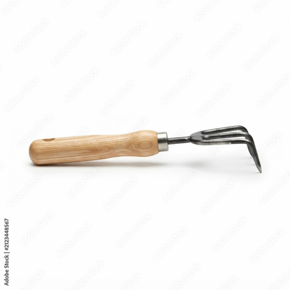 Fototapeta premium Handheld garden weeding tool with wooden handle. Manual cultivator fork for soil aeration and weed removal in organic gardening.