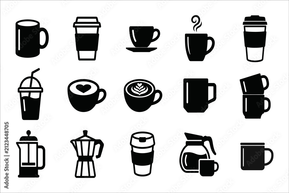 Obraz premium Collection of various coffee cups and brewing equipment icons in a minimalist black and white silhouette