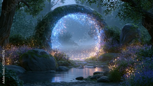 Enchanted forest portal glowing with magical light and shimmering particles during a misty twilight