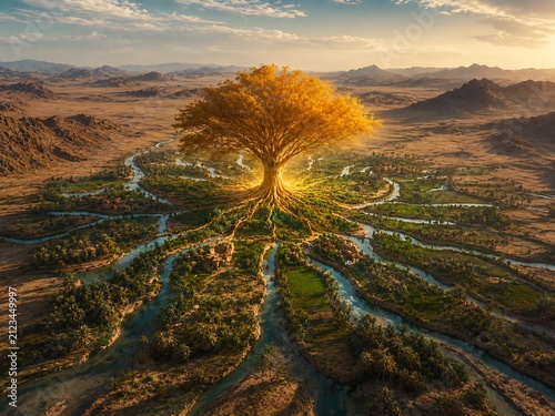 Golden tree of life growing in the center of a desert oasis with winding rivers and lush green vegetation under a warm sunset sky view