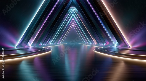 Abstract triangular tunnel with neon light reflections during futuristic digital journey
