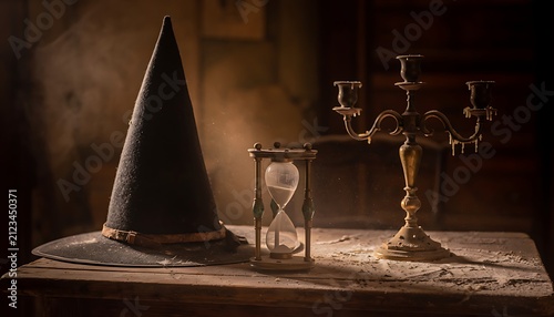 A vintage witch hat ancient hourglass and dusty candelabra create a mysterious still life perfect for Halloween magic or historical themes