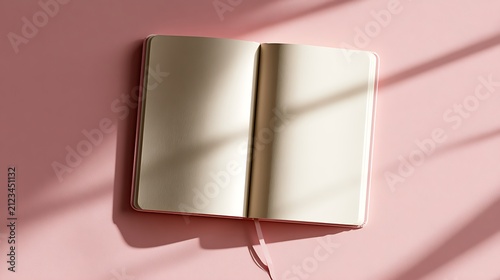 open pink journal on pink background with sunlight shadows