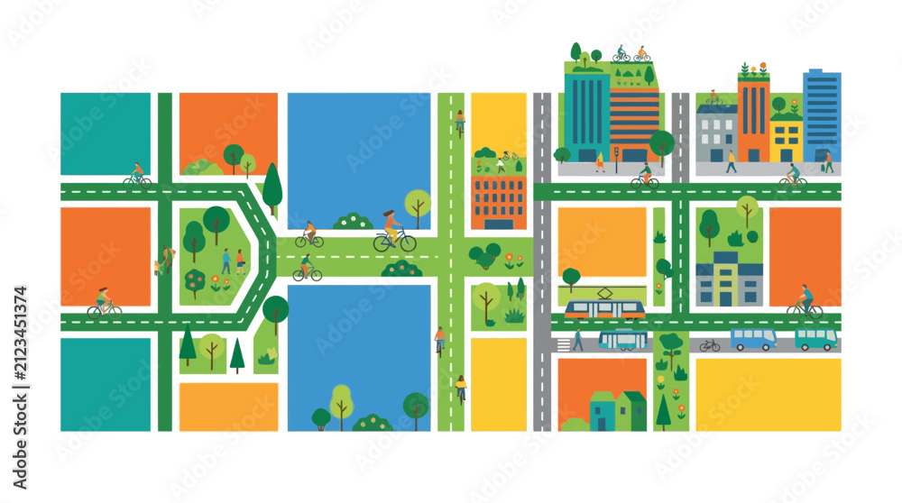Fototapeta premium Sustainable City Illustration: Green Living, Urban Planning, Eco-Friendly Transport