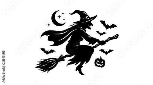 Fotografie Helloween Halloween witch silhouette illustration, black magic sorceress vector,