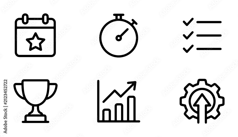 Fototapeta premium Business Success Icons Set: Calendar, Stopwatch, Checklist, Trophy, Growth Chart, Gear. Vector Graphics for Goals, Planning, Achievement, Strategy, Performance.