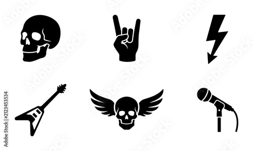 Rock Music Icons: Skull, Guitar, Microphone, Lightning Bolt, Hand Gesture, Vector Set for Heavy Metal and Hard Rock Graphics
