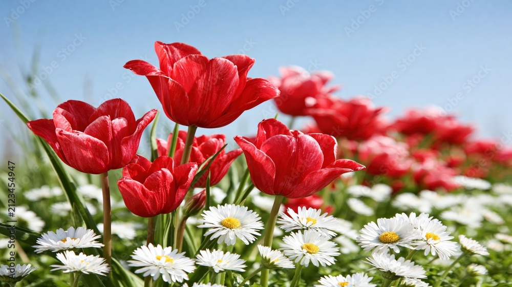 Obraz premium Vibrant red tulips bloom alongside delicate white daisies under a clear blue sky.