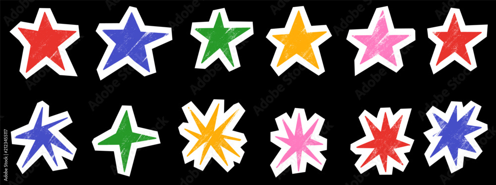 Fototapeta premium Paper star collection with cutout collage forms and lively pointed silhouettes. Red blue green yellow and pink pieces feature crisp white borders. Bold vector paper star set for greeting card design