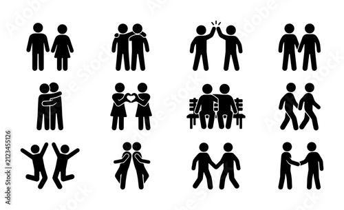 Friendship Icons Set: Diverse Human Connection Symbols, Stick Figure Relationships, Unity & Support Graphics, Vector Collection