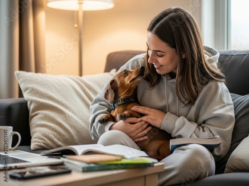 A smiling young woman in a grey hoodie sits on a couch, affectionately holding her dachshund dog amidst books and a laptop, creating a cozy home study atmosphere.