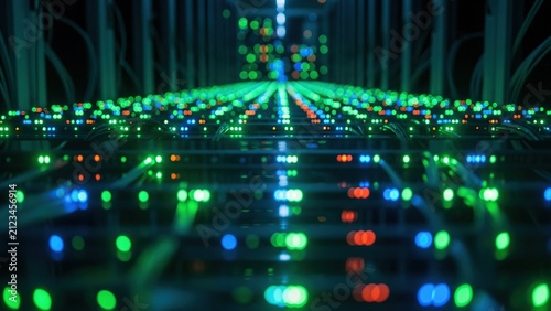 A futuristic data center corridor filled with rows of server racks, illuminated by vibrant green, blue, and orange LED indicator lights in a shallow depth of field.