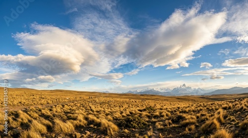 Panoramic view of the golden grassy plains of Patagonia with dramatic lenticular clouds floating above distant mountains