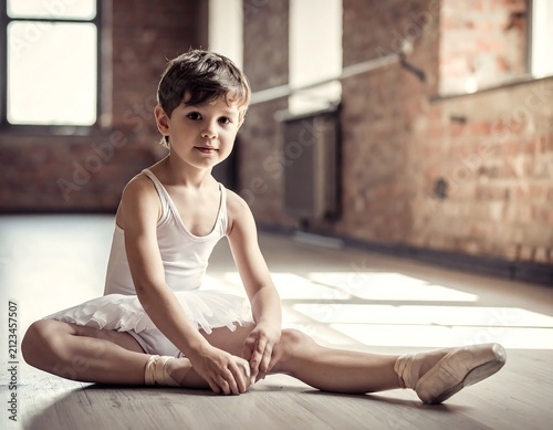 Young child in a white tutu and ballet slippers in a studio