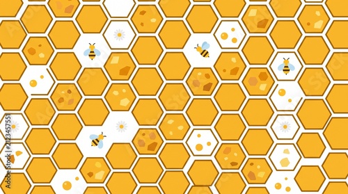 Bee Hive Pattern with Honeycomb Texture and Bees Illustration
