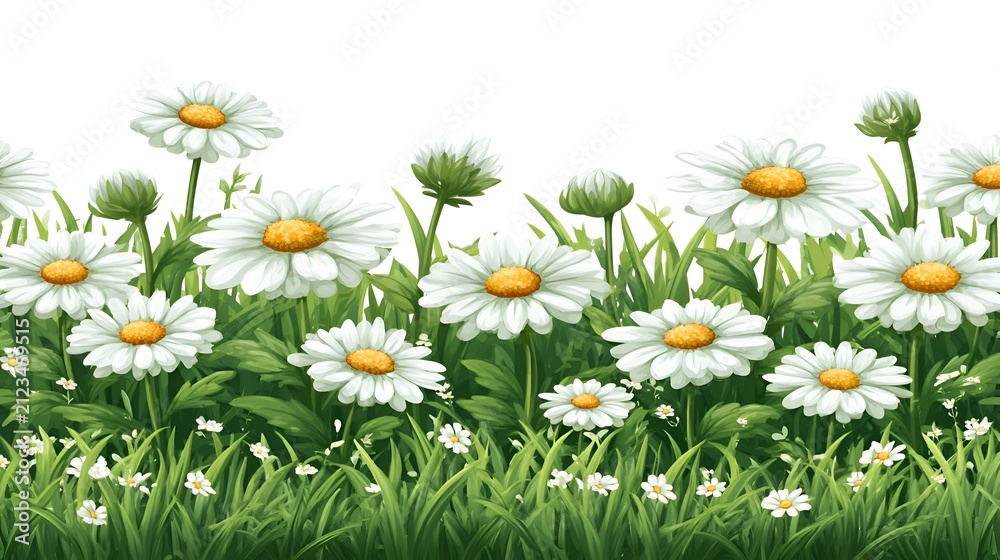 Obraz premium Delicate white daisies bloom in lush green grass under a white background