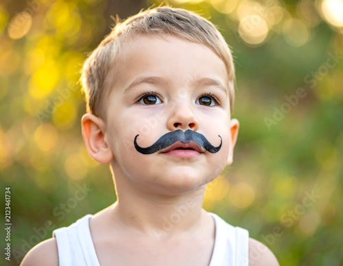 Young child with painted mustache in nature, looking up