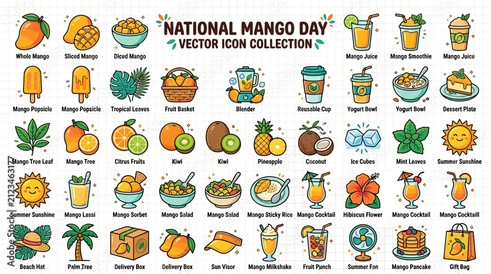 Fototapeta premium Comprehensive Vector Icon Collection Featuring Mango Fruits Tropical Foods and Refreshing Summer Beverages Isolated on White