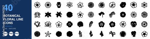 Botanical Floral Line Icons, a Collection of Monochrome Floral Elements and Botanical Illustrations. Simple Design for Web and Print.