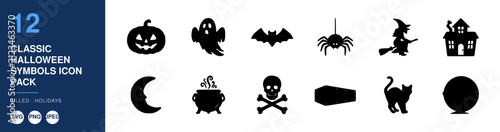 Classic Halloween Symbols Icon Pack with Spooky Silhouettes of Pumpkins, Bats, Ghosts, and a Haunted House. Festive Halloween Design Elements.